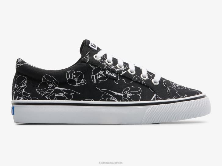 Keds Women JPZZ201 Black White Jump Kick Canvas Hand Drawn Floral Sneaker