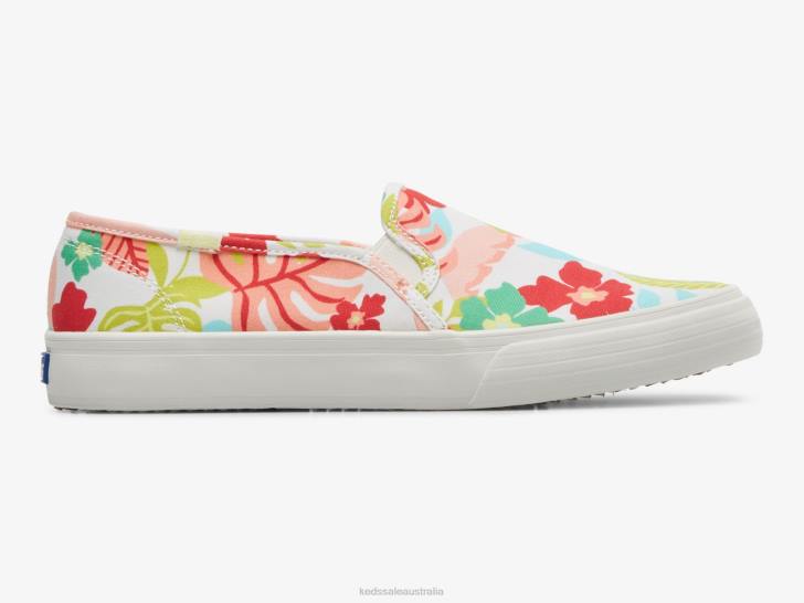 Keds Women JPZZ13 White Coral Double Decker Tropical Print Slip On Sneaker